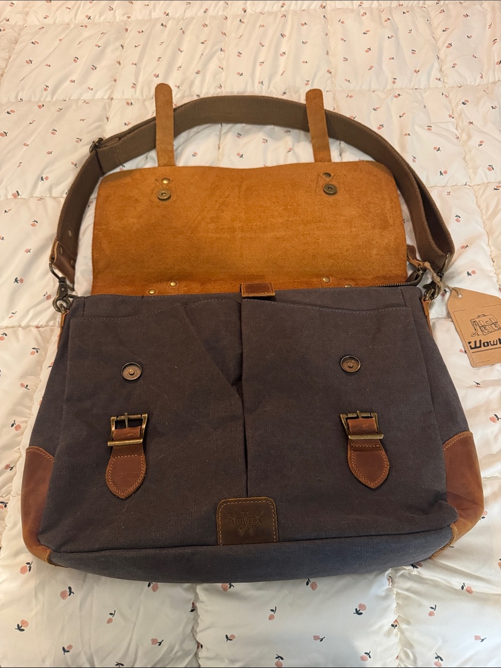 Canvas Messenger Bag with Leather Flap and trim- Brown and Charcoal - Picture 3 of 6